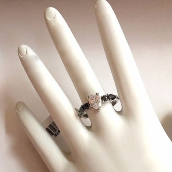 Silver Pear Cut Engagement Ring Black Onyx CZ Simulated Plated Size 8 9 10 - Picture 6 of 9